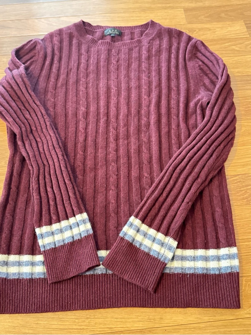A.P.C. Men's Burgundy Cable Knit Crewneck Sweater with Striped Cuffs